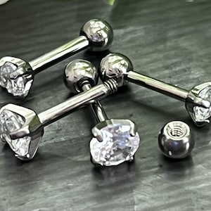 1 Piece Stunning Implant Grade Titanium Tragus Stud Prong Set Gem Cartilage Barbell Ring- 16g or 18g, 3mm or 4mm Crystal Gem Size Available!