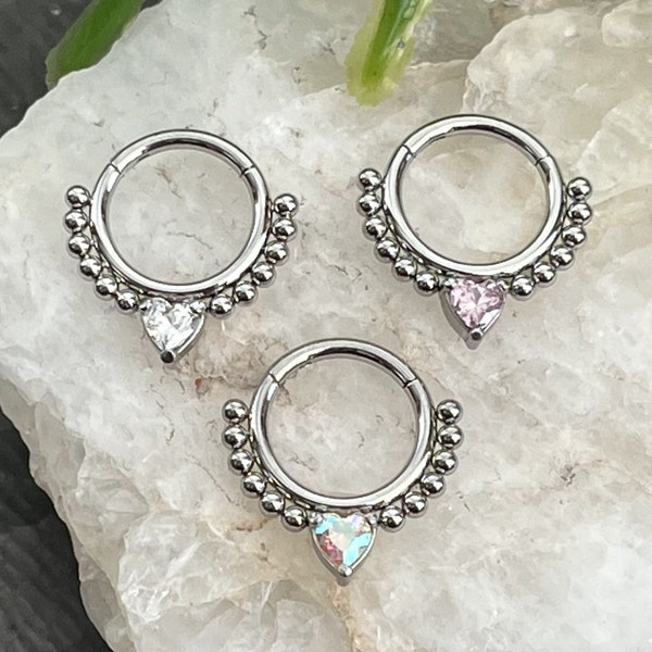 1 Piece of Stunning CZ Gem Heart Lined with Steel Balls Hinged Segment Septum Ring - 16g, 8mm - Aurora Borealis, Clear & Pink Available!