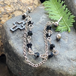 Steel Double Chain Linked Beaded Cross Ring with Cartilage Tragus Helix Barbell