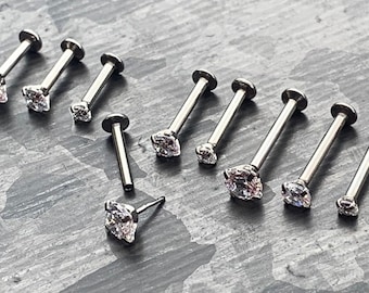 1 Piece of Beautiful Push In Prong Set CZ Gem Labret Stud Threadless Lip Helix Cartilage Ring - 16g - Length 6mm, 8mm, 10mm Available!