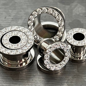PAIR of Stunning CZ Rimmed Solid Implant Grade Titanium Screw Fit Tunnels/Plugs - Gauges 2g (6mm) thru 1/2&quot; (12mm) available!