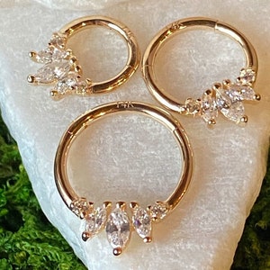 1pc Solid 14kt Gold Three Marquise Gems Hinged Segment Ring Helix Cartilage Clicker