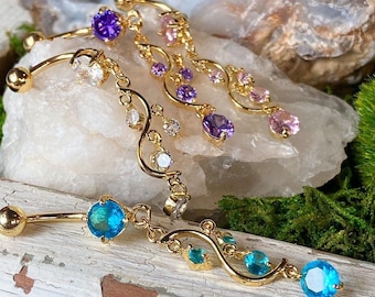 14kt Gold Plated CZ Gem Vine Dangle Belly Ring Navel Piercing Pierced Naval