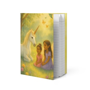 May include: A hardcover notebook featuring a whimsical illustration of a unicorn, two girls, and butterflies in a meadow. The cover art is in soft pastel colors, with a yellow spine and lined pages.