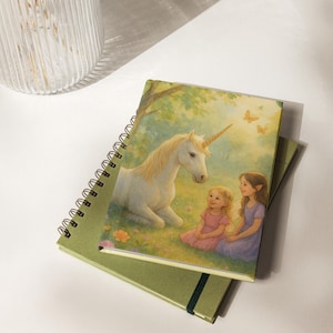 May include: A stack of two notebooks. The top notebook has a spiral binding and a cover featuring a unicorn and two girls in a fantasy scene. The bottom notebook is olive green with an elastic band closure.