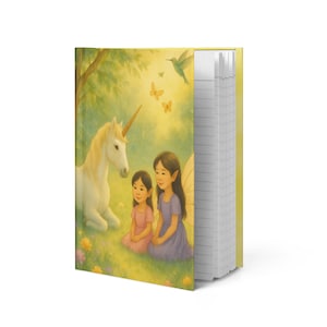 May include: A hardcover journal featuring a whimsical illustration of a unicorn, two fairies, butterflies, and a hummingbird in a sunlit meadow. The cover art is in soft pastel colors, with a yellow spine and lined pages.