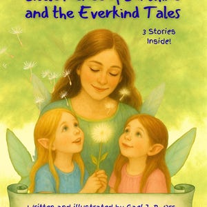 May include: A book cover illustration titled "Little Renee of Sunshine and the Everkind Tales." It features a woman with two children, all with fairy wings. The text "3 Stories Inside!" is visible, along with the author's name.