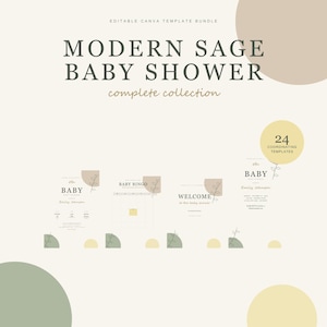 Op de afbeelding: Een bewerkbaar Canva-sjabloonpakket voor een babyshower met de tekst Modern Sage Baby Shower complete collection en 24 bijpassende sjablonen. Het ontwerp bevat saliegroene, beige en gele cirkelvormige accenten en lijntekeningen van bladeren.
