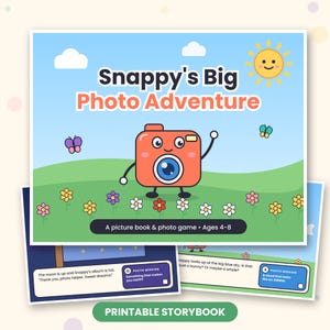 Pode incluir: Um livro ilustrado infantil intitulado Snappy's Big Photo Adventure com um personagem de câmera laranja em desenho animado num campo verde com flores, um sol e borboletas. O texto diz A picture book & photo game • Ages 4-8.