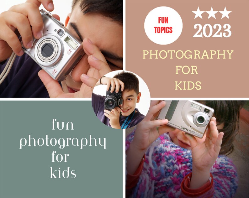 Pode incluir: Uma colagem de imagens com crian&ccedil;as tirando fotos com c&acirc;meras digitais. O texto "Fun Photography for Kids" &eacute; exibido no canto superior direito da imagem. O texto "2023" &eacute; exibido abaixo do t&iacute;tulo. O texto "Fun Topics" &eacute; exibido em um c&iacute;rculo vermelho no canto superior direito da imagem.