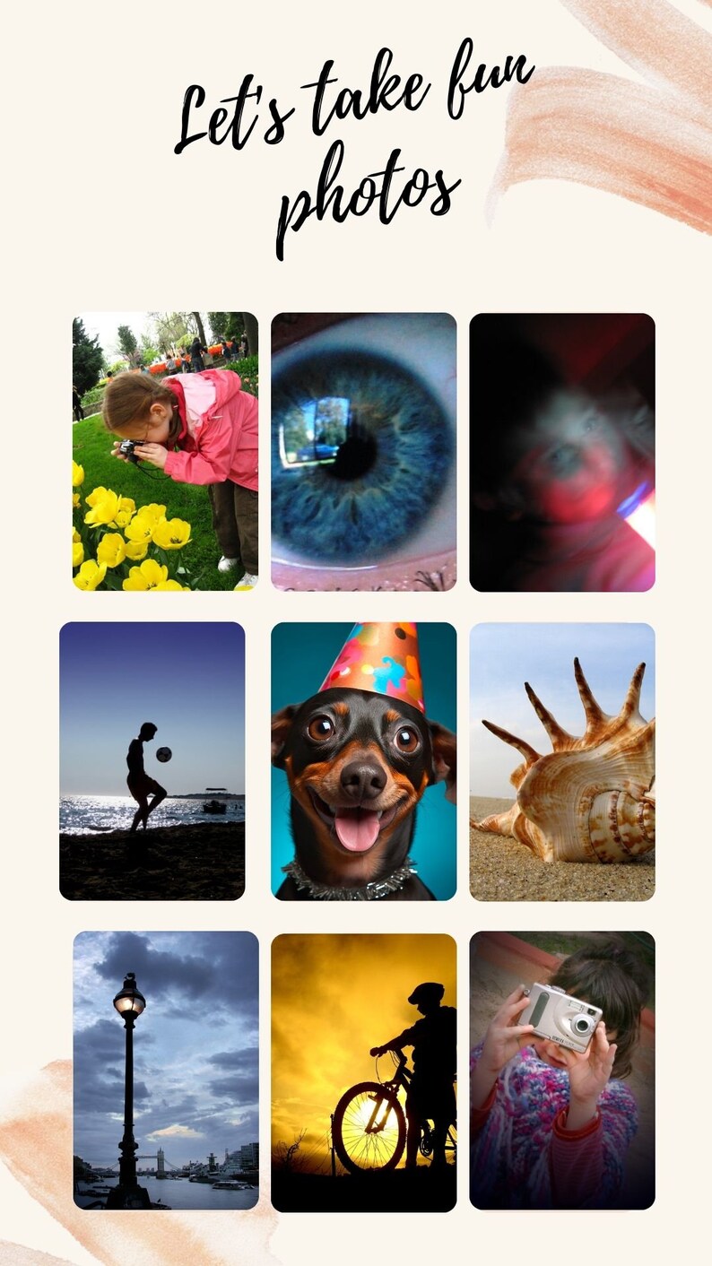 Pode incluir: Uma colagem de nove imagens com diferentes temas, incluindo uma crian&ccedil;a tirando uma foto, um close-up de um olho azul, uma concha, um c&atilde;o usando um chap&eacute;u de festa, uma silhueta de uma pessoa jogando futebol na praia, um poste de luz, uma pessoa andando de bicicleta ao p&ocirc;r do sol e uma pessoa tirando uma foto com uma c&acirc;mera.