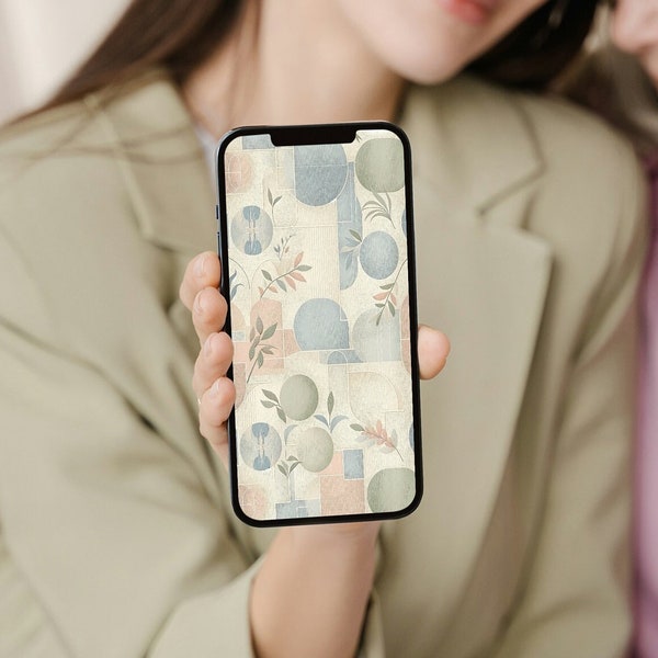 Modern Geometric Neutral iPhone & Computer Wallpaper | Soft Pastel and Botanical Motifs | Instant Download | Abstract Art Background