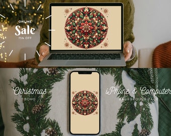 Boho Festive iPhone & Computer Wallpaper Bundle | Holiday Mandala Theme | Cozy Seasonal Digital Background Set