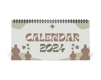 2024 Groovy Brown Olive Green Boho Monthly Planner Calendar - Organic Neutral Tones, Vintage-Style Bohemian Desk Planner, 2024 Calendar