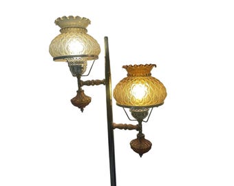 VTG Mid Century Brass Freestanding Pole Lamp 1960’s 2 Amber Lights Shades