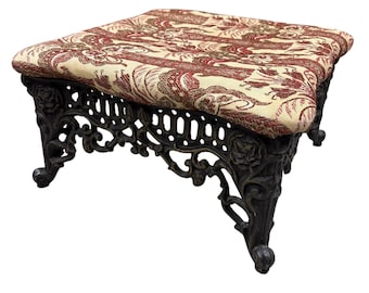Vintage Victorian Cushioned Cast Iron Foot Stool Small Ottoman Tapestry 14x14x8”