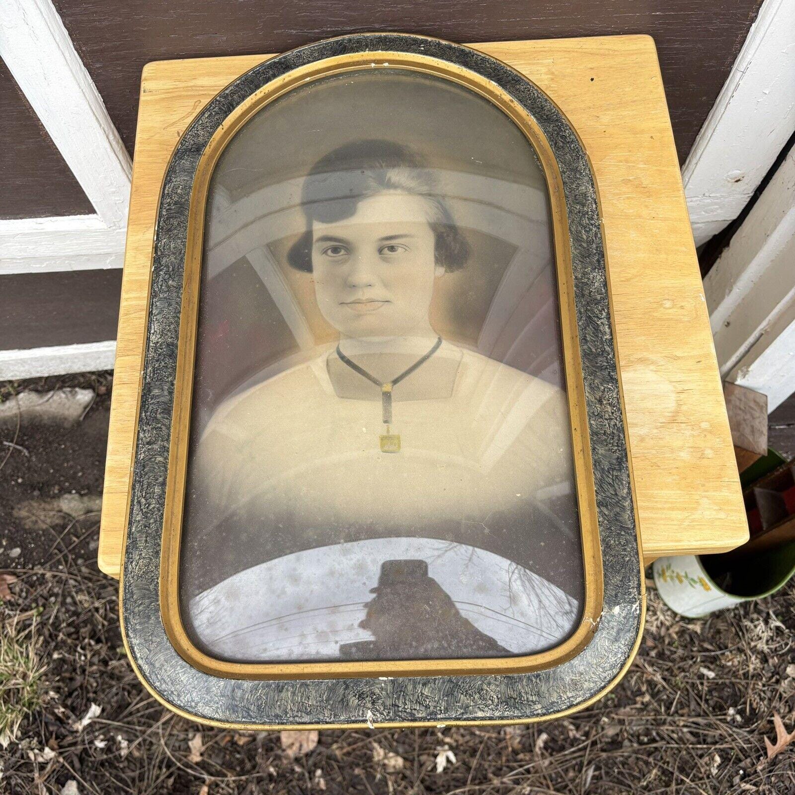 Antique Convex Bubble Glass Wood Frame Chicago Portrait Co. Young Woman  14x22, image size:1600x1600