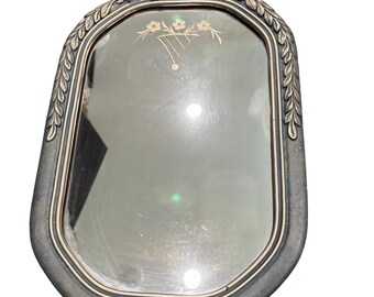 Vintage Arched Blue and Silver Gesso Frame Art Deco Floral Etched Mirror 12”x19”