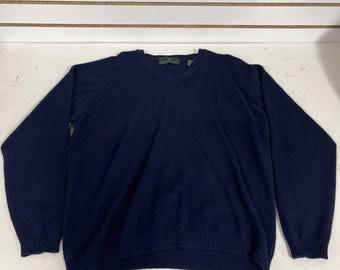 Vtg EMBASSY ROW 2-Ply 100% Cashmere Men's Sz L Pullover Sweater Navy Blue V Neck