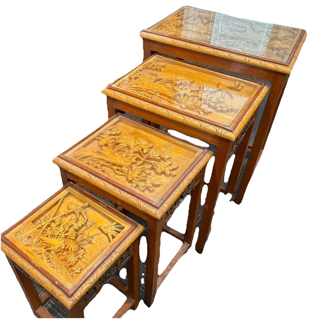 Set of 4 Unique Vintage Asian Nesting Tables Hand Carved Rosewood Wood ...