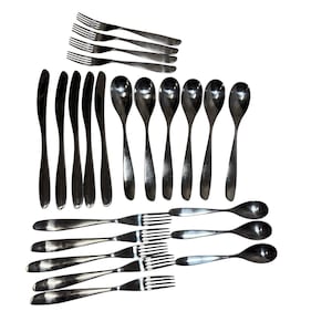 May include: A selection of stainless steel cutlery, including forks, knives, and spoons. The set includes various utensils, with multiple forks and spoons, and a row of knives. The cutlery has a shiny, reflective surface.