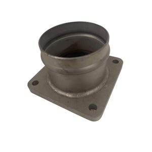 May include: A silver-coloured metal flange adapter featuring a square base with four circular bolt holes at the corners. A cylindrical pipe section is welded to the centre of the square plate, creating a sturdy connection point for industrial piping.