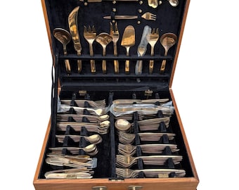 Juego de cubiertos de latón vintage de 150 piezas con caja de madera, 18 servicios, Tailandia.