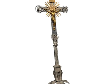Crucifijo de altar antiguo de tamaño catedral, cruz de Jesús de latón bronce de 71 cm (28 pulgadas).