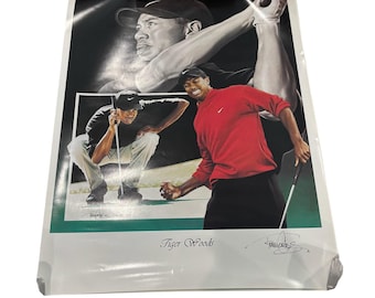 Litografía de Tiger Woods firmada por el artista Tim Cortes, 18x24 pulgadas.