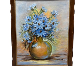 Vtg Original Still Life Blue Daisies Floral Bouquet Painting on Board Framed Art