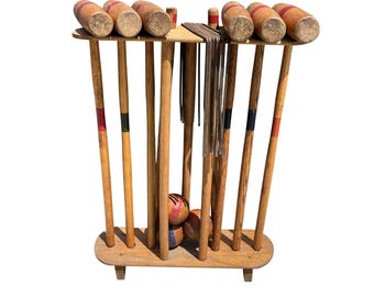 Vintage Antique Wood Croquet Set, Includes 6 Mallets, Stand, 9 Stakes, 6 Balls