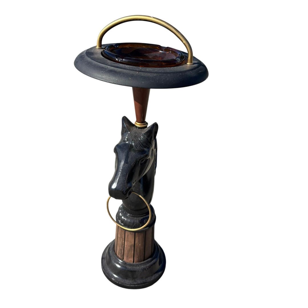 Vintage Horse Bust Standing Ashtray – Cast Aluminum, Brass, Wood