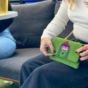 STADIUM-APPROVED- Philadelphia Baseball Green Beaded Clutch with Shoulder Chain- Straight across flap