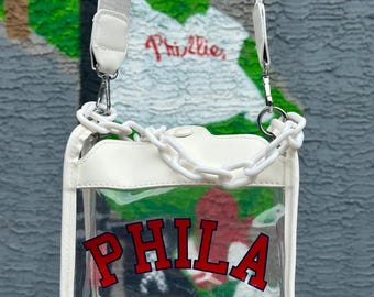 PHILA Clear Crossbody Bag – Stadium Approved | White Chain Strap + Adjustable Crossbody | Game Day Purse