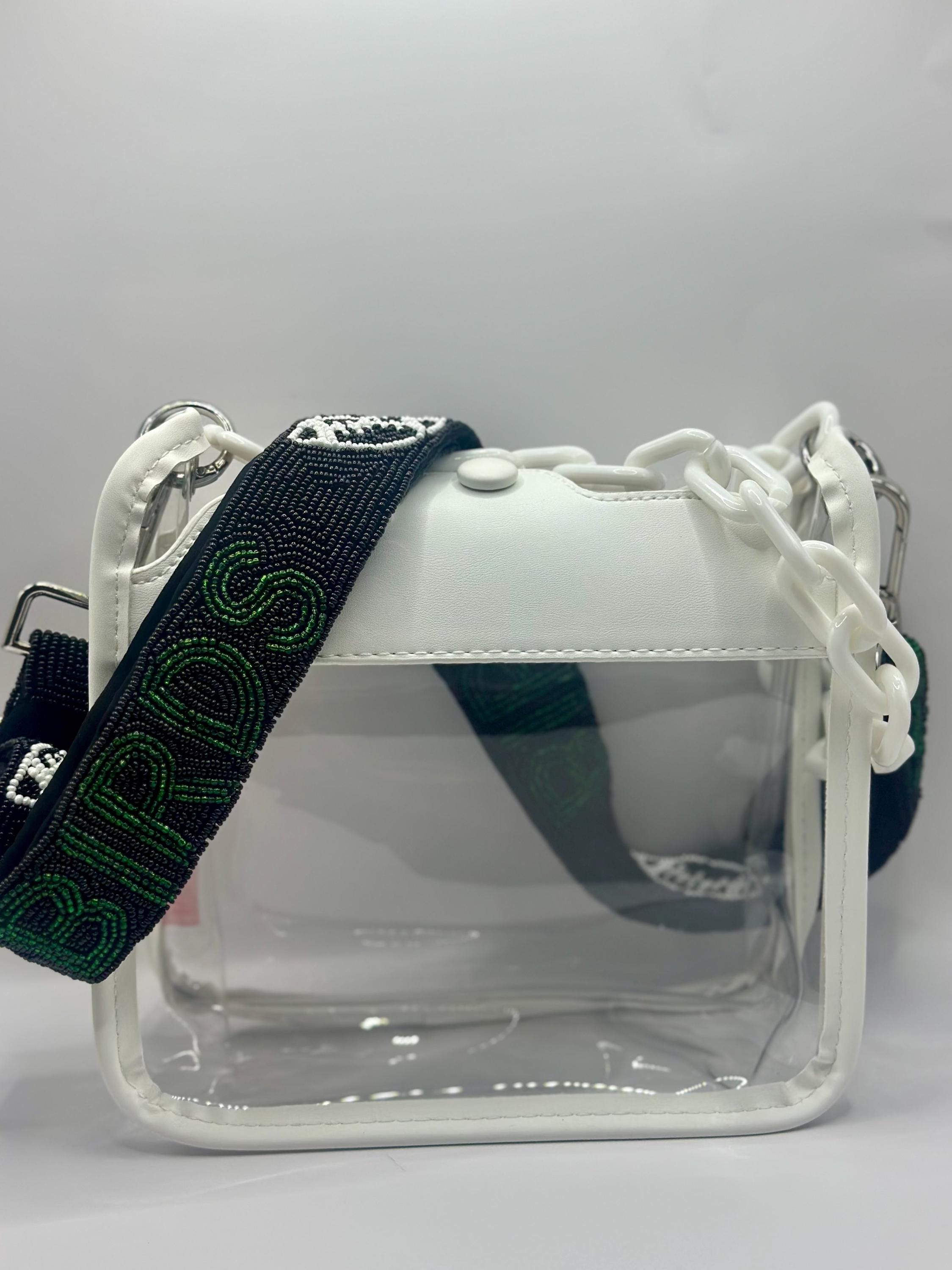 Clear Stadium Approved Crossbody Bag with Black and Green “BIRDS” Beaded Strap