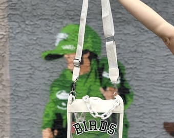 BIRDS Clear Crossbody Bag – Stadium Approved | White Chain Strap + Adjustable Crossbody | Game Day Purse