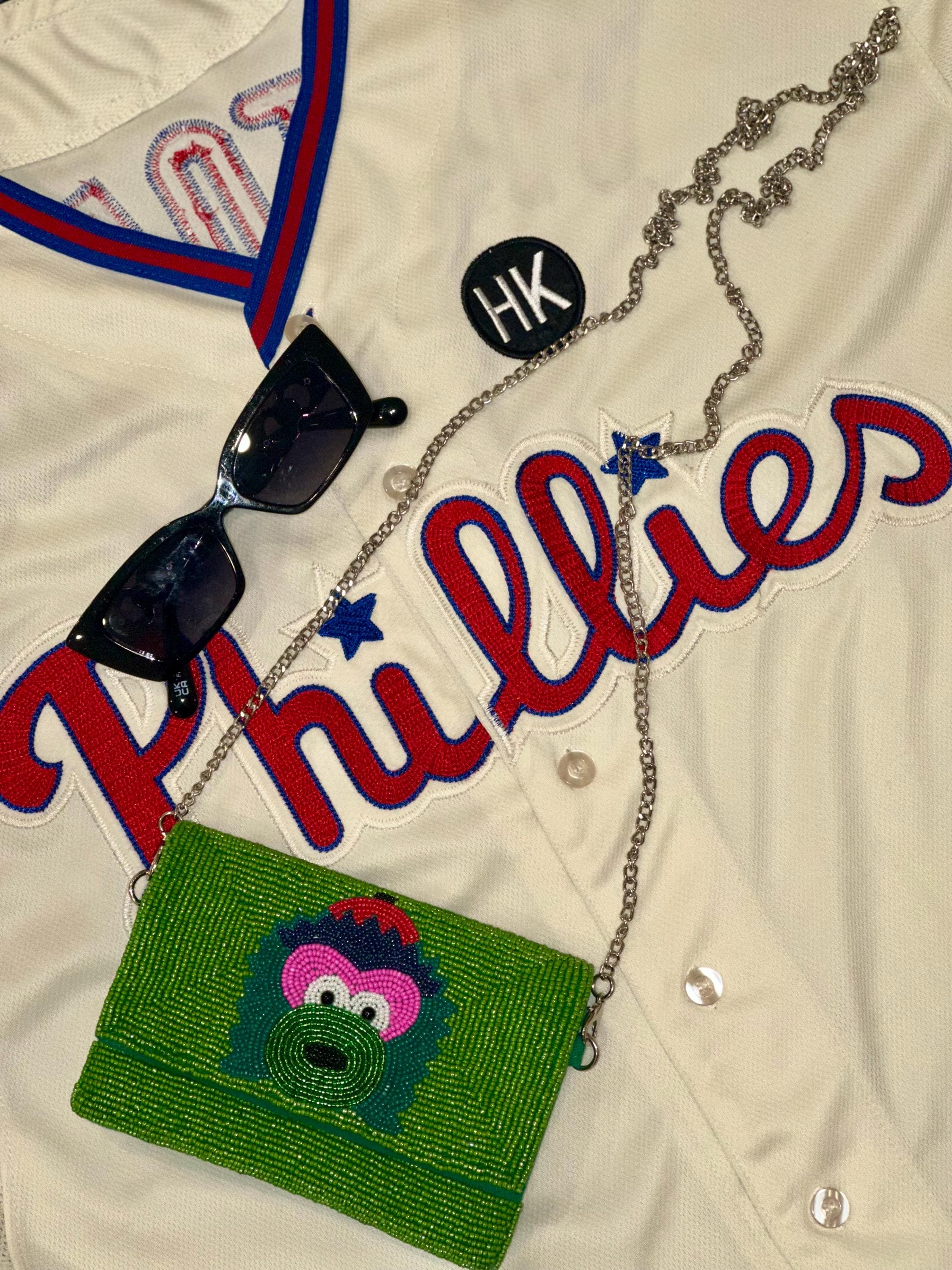 STADIUM-GOEDGEKEURD- Philadelphia-honkbalgroene koppeling met kralen en schouderketting- Recht over de flap