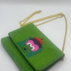 Cartera de mano con cuentas verdes y cadena dorada de la mascota del béisbol de Filadelfia / Aprobado por el estadio / Monedero hecho a mano para el día del partido