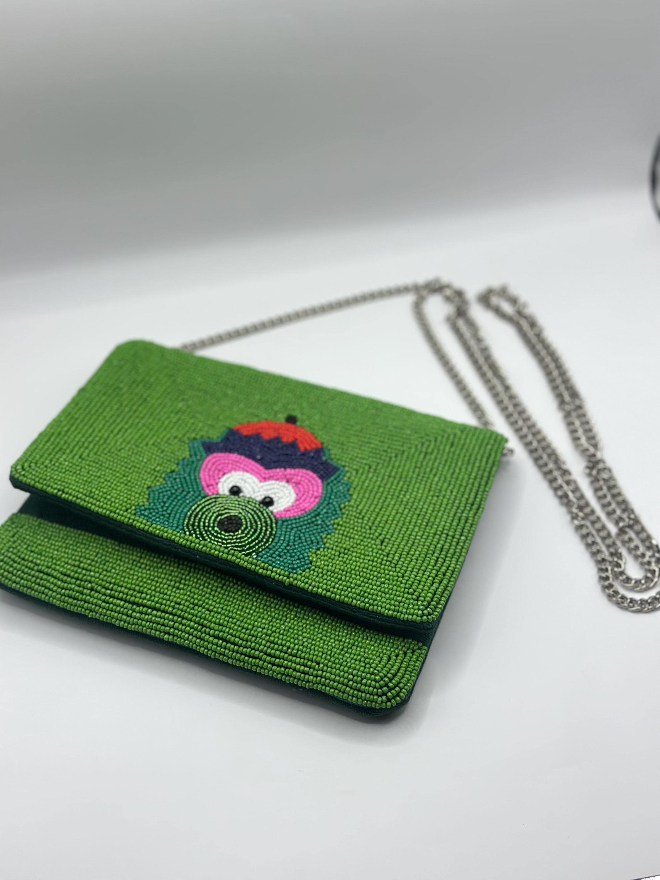 Philadelphia Baseball Mascot Green Beaded Clutch with Silver Chain | Stadium Approved | Handmade Game Day Purse