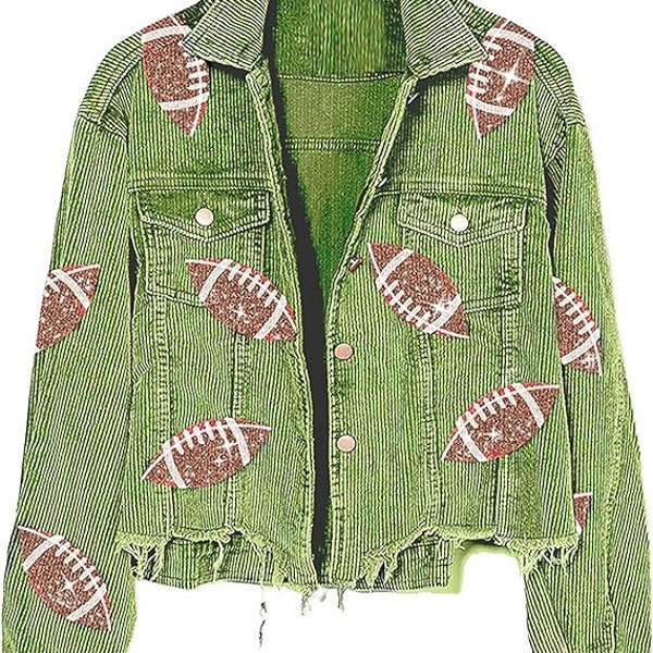 Green Corduroy Football Sequin Cropped Shacket