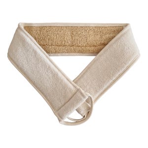 May include: A beige loofah back scrubber with a natural, textured centre and soft, looped handles. The back scrubber is made of natural fibres and is designed for use in the shower or bath.