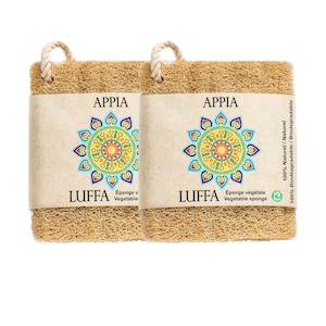 May include: Two natural loofah sponges with brown paper labels. The labels feature a colourful mandala design and the text "APPIA", "LUFFA", "100% Natural", "100% Biodegradable", "Éponge v Vegetable", and "Éponge végétale Vegetable sponge".