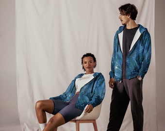 Starry Sky Fantasy Zip Hoodie: A Celestial Escape for Eco-Conscious Fashionistas | Light Blue Women Fairy Hoodie | Girl Fairy Jacket