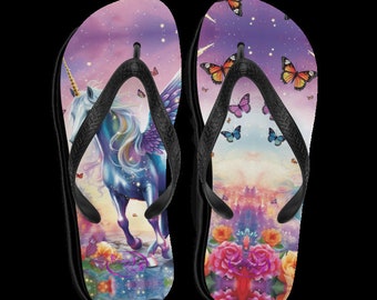 Enchanted Unicorn and Butterflies Flip Flops | Unicorn Flip Flops | Enchanted Unicorn Flip-Flops for Girls | Beach & Swimming Pool Sandals