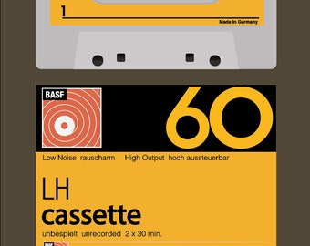 Vintage BASF Cassette Tape Poster | Retro Music Wall Art | Nostalgic Decor | 80s 90s Retro Vibes | Music Tape Illustration | Home Decor
