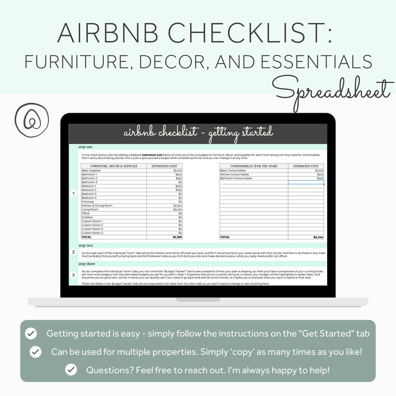 Airbnb Inventory Checklist & Expense Tracker Airbnb Spreadsheet Google