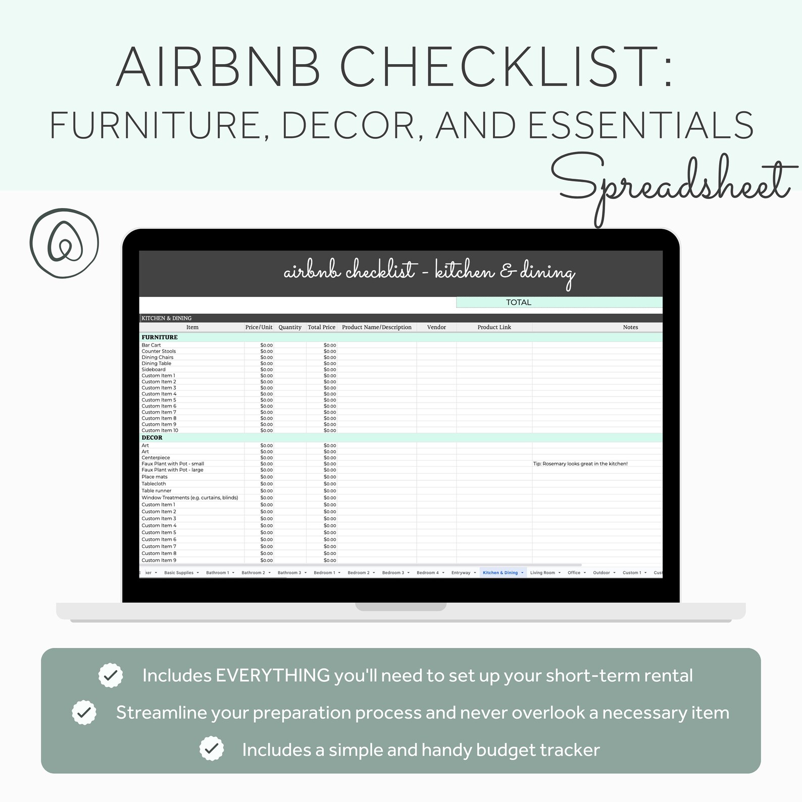 Airbnb Inventory Checklist & Expense Tracker Airbnb Spreadsheet Google