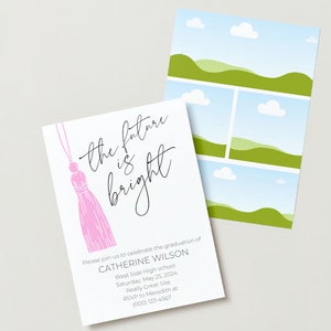 May include: Graduation invitation with a pink tassel and the text "the future is bright". The invitation is for Catherine Wilson's graduation from West Side High School on May 25, 2024.