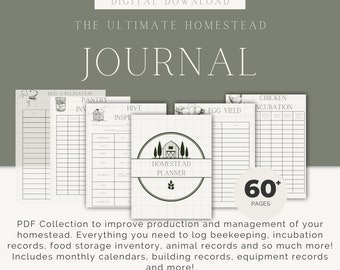 May include: A digital download of a printable homestead journal with 60+ pages. The journal includes sections for tracking dog vaccinations, pantry inventory, hive inspections, egg yield, and chicken incubation. The journal is designed to help homesteaders manage their farm and track their progress.