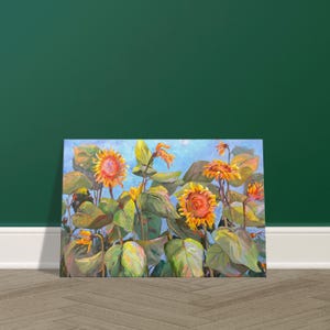 24x36 Blue and Yellow Sunflowers Oil Painting Canvas Art Print, Vintage Botanical Home Decor  F33